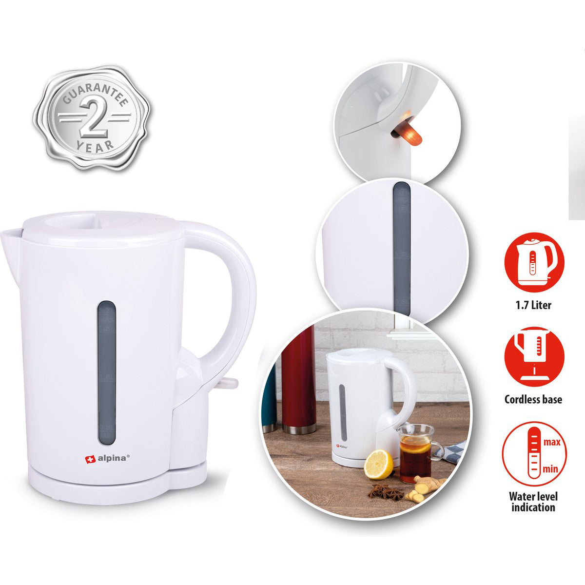 Kettle of 1.7 Liter and 2200W with cordless pouring jug and boil-dry protection - Alpina