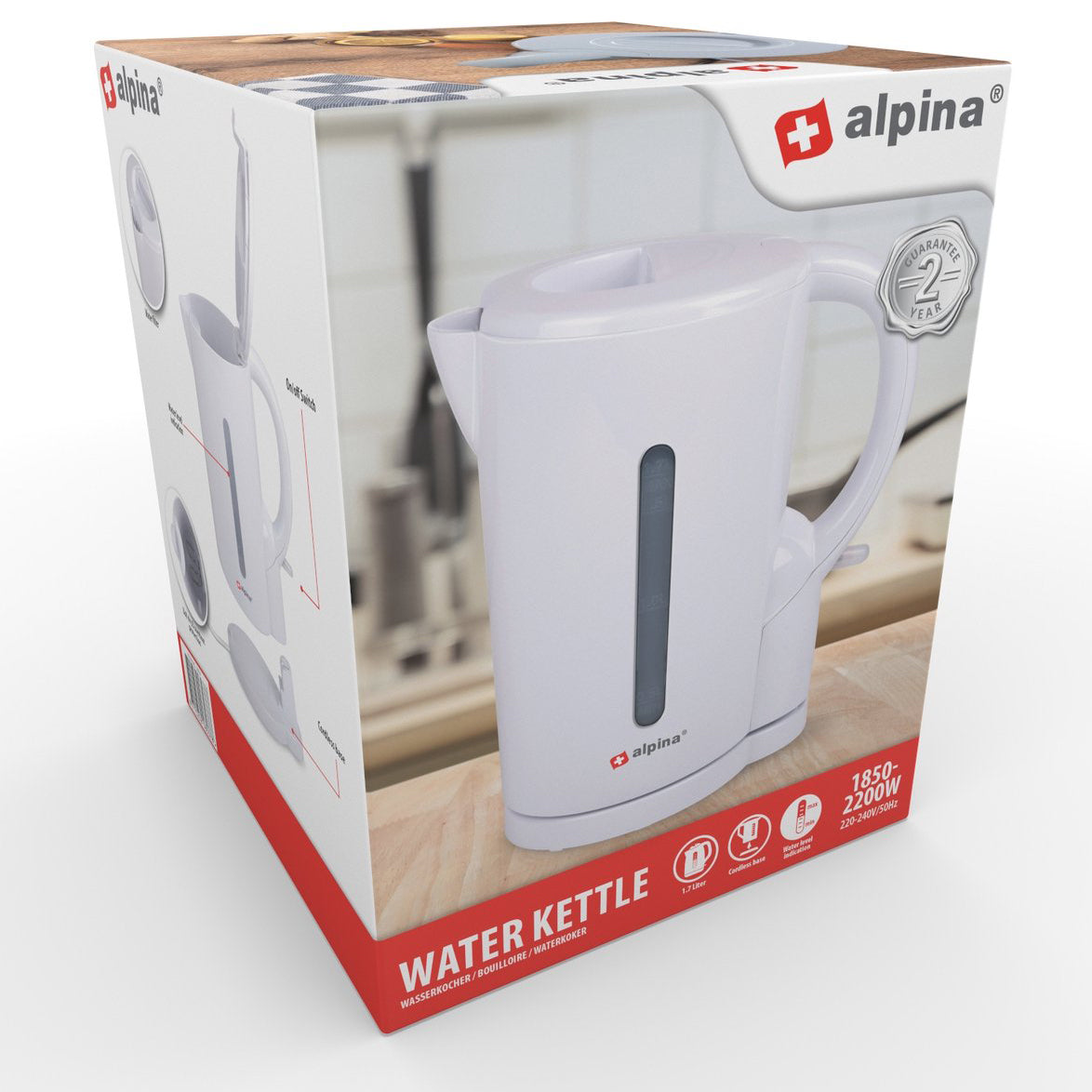 Kettle of 1.7 Liter and 2200W with cordless pouring jug and boil-dry protection - Alpina