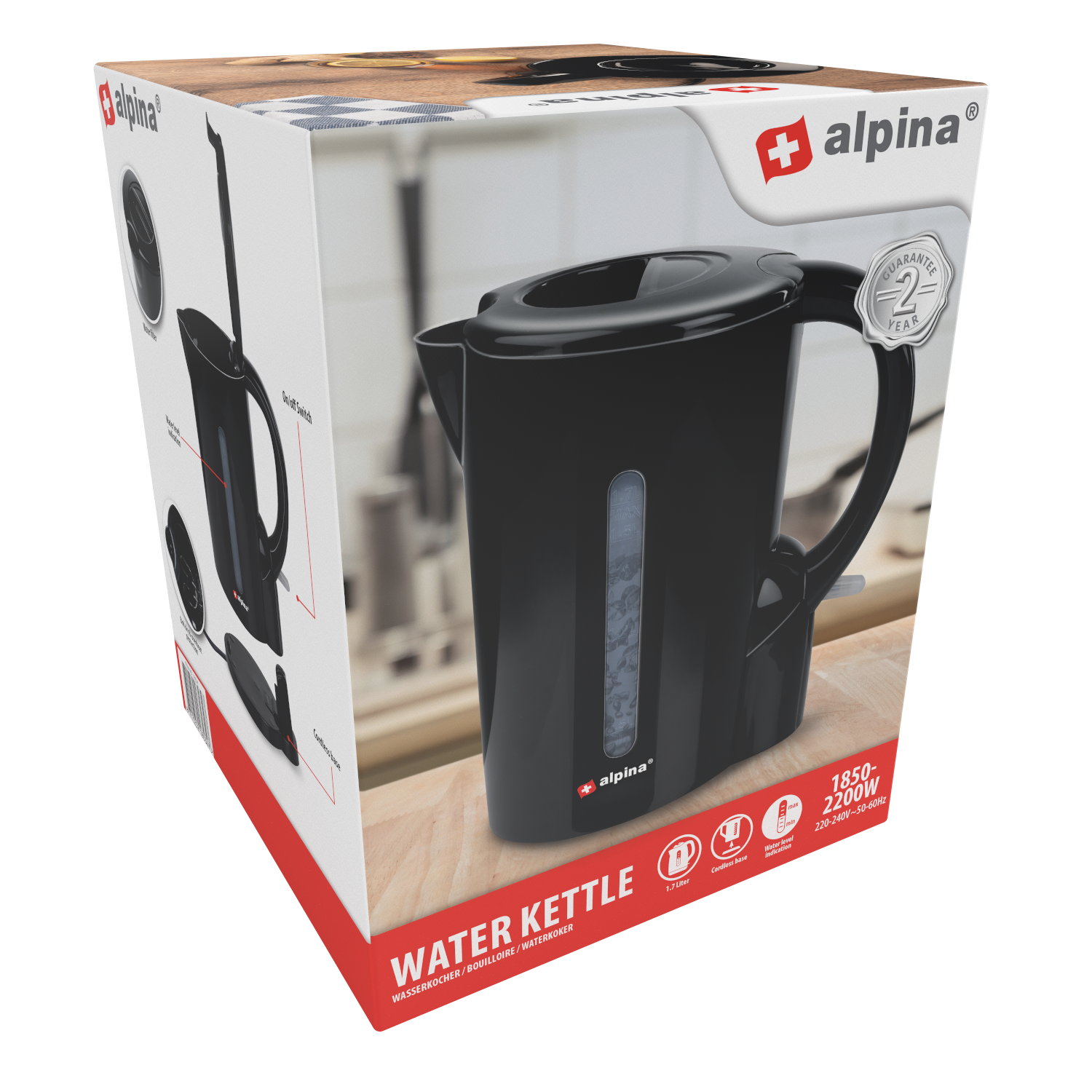 Waterkoker van 1 7 Liter en 2200W met snoerloze gietkan en droogkookbeveiliging - Alpina