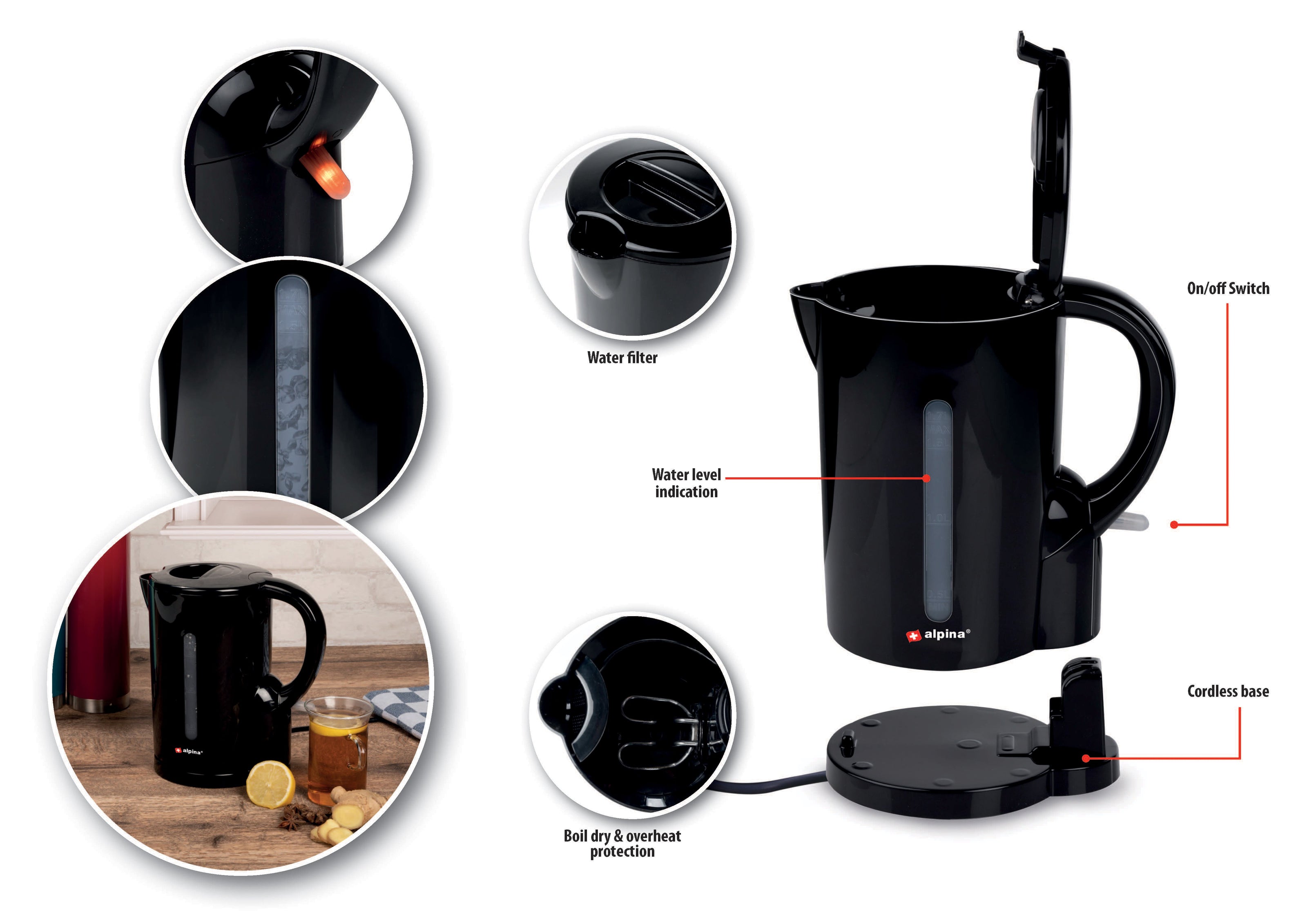 Waterkoker van 1 7 Liter en 2200W met snoerloze gietkan en droogkookbeveiliging - Alpina