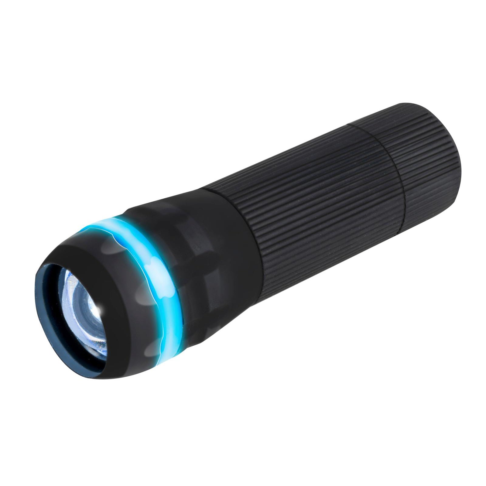 zwarte led zaklamp met blauwe ring errond 